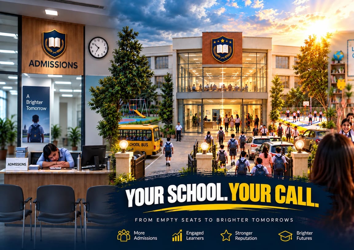 Three views of one school: a clerk asleep at the admissions desk in front of empty chairs, children with school bags walking in through the gate past a school bus, and pupils raising their hands in class. The lettering reads: YOUR SCHOOL. YOUR CALL. From empty seats to brighter tomorrows.